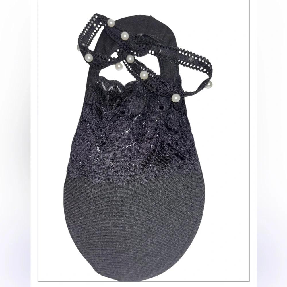 Pearl Lace Black No Show Socks Cotton Four Pair Ankle Strap White Pearl Accents